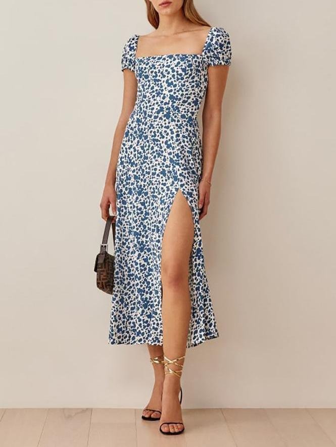 Floral Print Square Neck Split Short Sleeve Dress - LuckyFash™