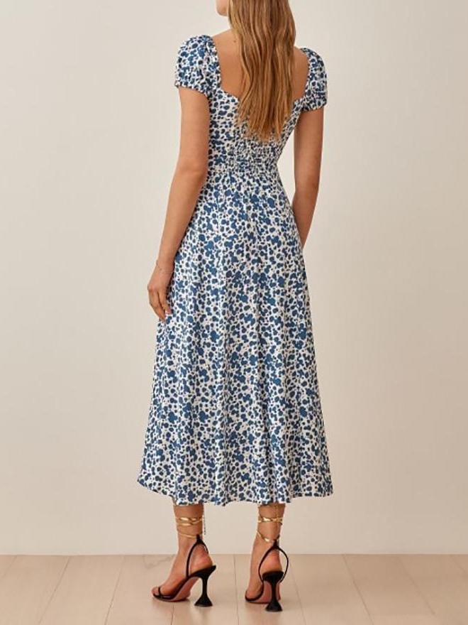 Floral Print Square Neck Split Short Sleeve Dress - LuckyFash™