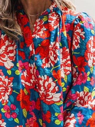 Floral Print Stand-Up Collar Long Sleeve Blouses - LuckyFash™