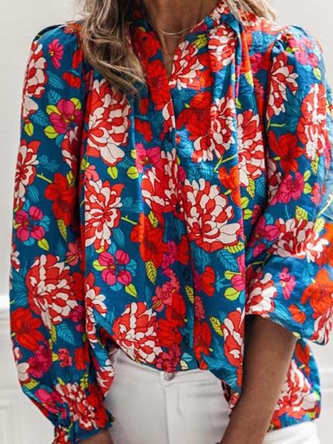 Floral Print Stand-Up Collar Long Sleeve Blouses - LuckyFash™