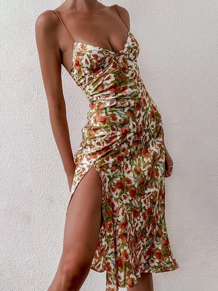 Floral Print Strap Slit Midi Dress - LuckyFash™