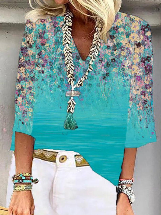 Floral Print Three-quarter Sleeve Loose V-neck Pullover T-shirt - LuckyFash™