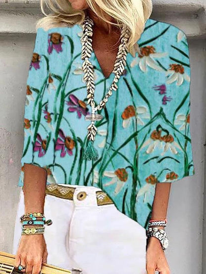 Floral Print Three-quarter Sleeve Loose V-neck Pullover T-shirt - LuckyFash™