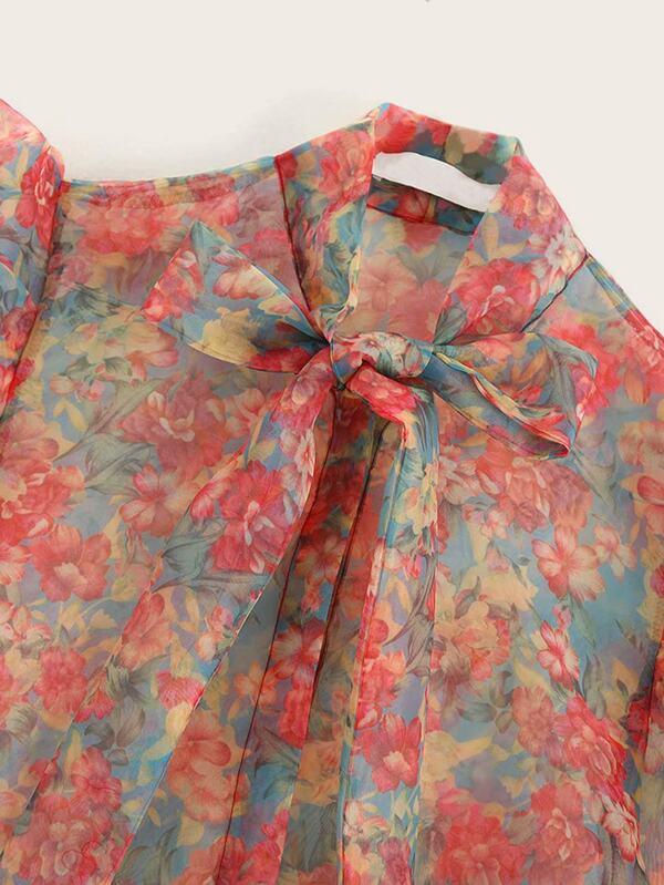 Floral Print Tie Neck Organza Blouse - LuckyFash™