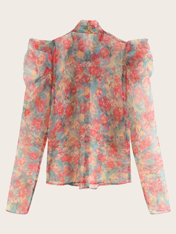 Floral Print Tie Neck Organza Blouse - LuckyFash™