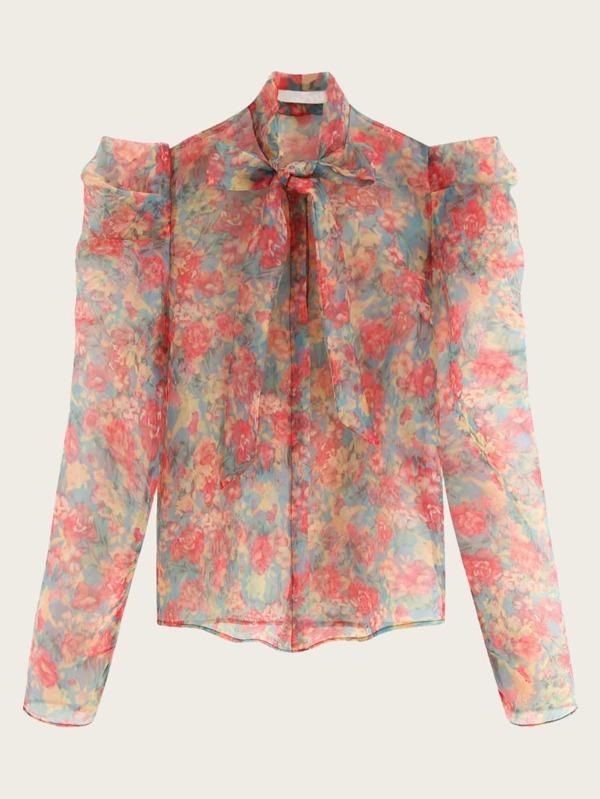 Floral Print Tie Neck Organza Blouse - LuckyFash™