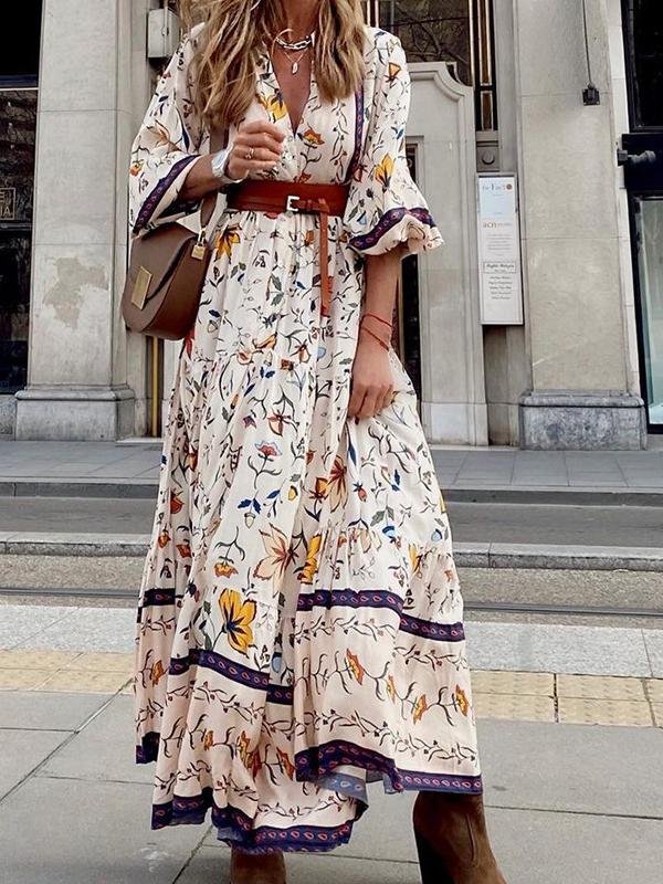 Floral Print V-neck 3/4 Sleeve Bohemian Dress - LuckyFash™