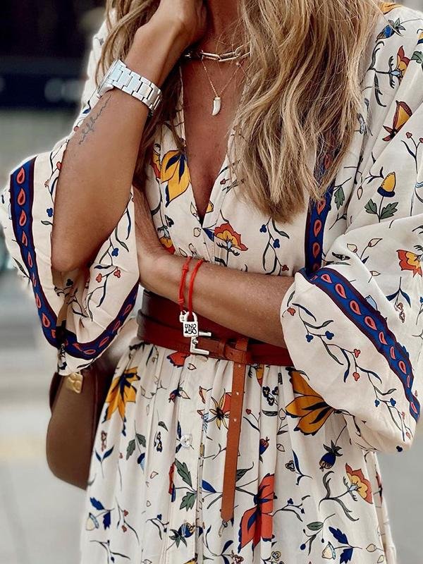 Floral Print V-neck 3/4 Sleeve Bohemian Dress - LuckyFash™