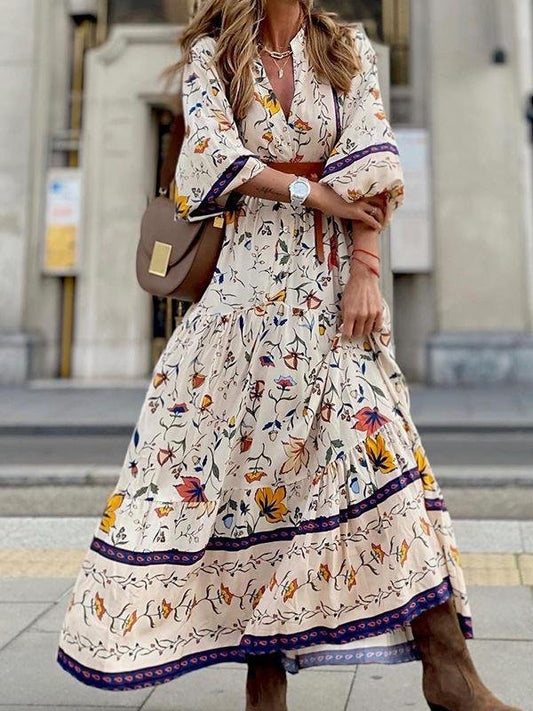 Floral Print V-neck 3/4 Sleeve Bohemian Dress - LuckyFash™