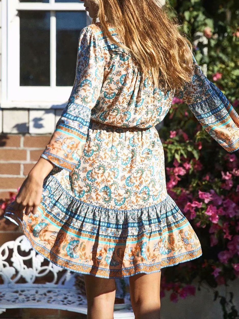 Floral Print V-neck Flared Sleeve Bohemian Dress - LuckyFash™