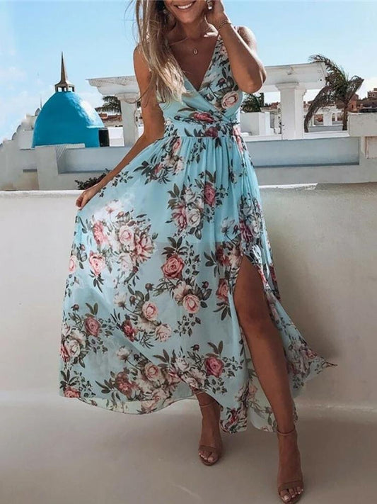 Floral Print V Neck High Slit Maxi Beach Dress - LuckyFash™