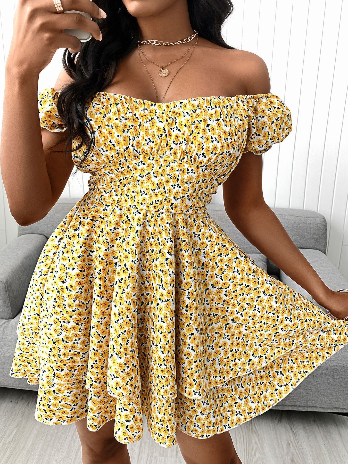 Floral Print V-Neck Ruffle Hem Dress - LuckyFash™