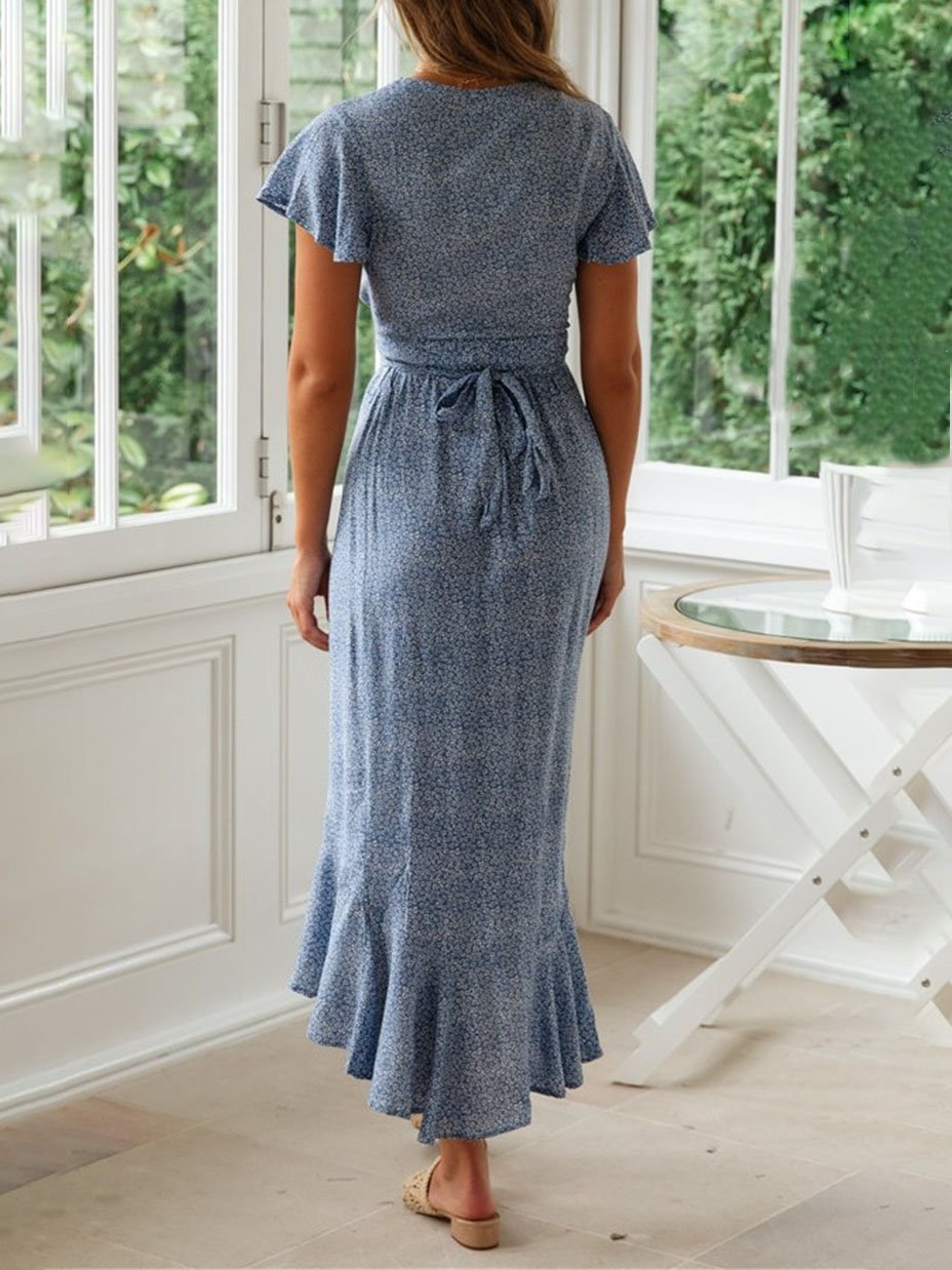 Floral Print V-neck Short-sleeved Lace-up Dress - LuckyFash™