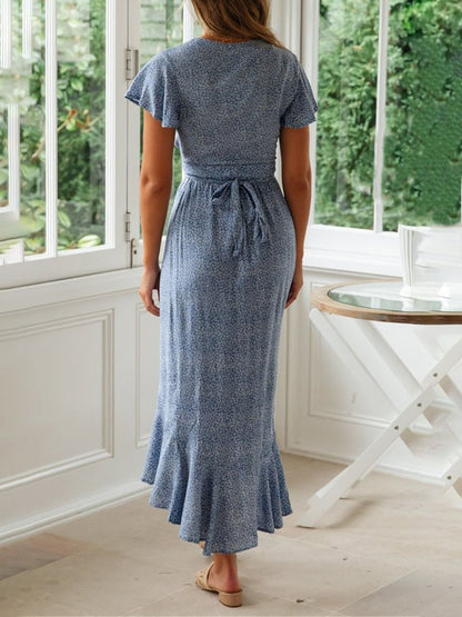 Floral Print V-neck Short-sleeved Lace-up Dress - LuckyFash™