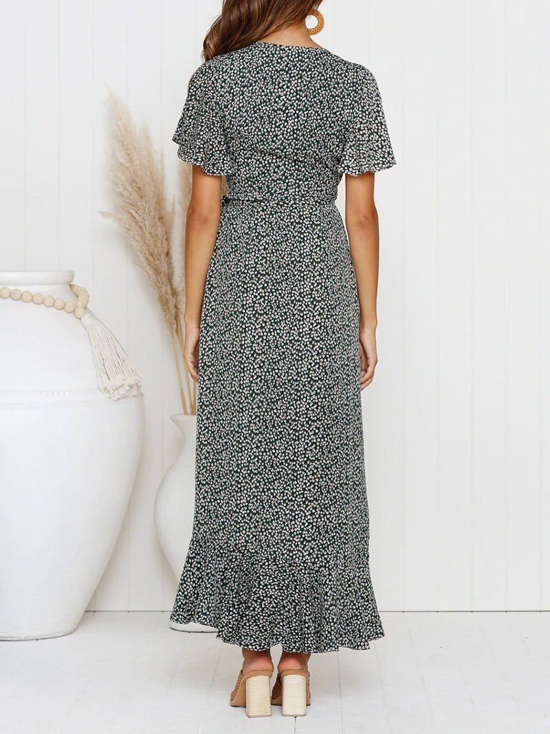 Floral Print V-neck Short-sleeved Lace-up Dress - LuckyFash™