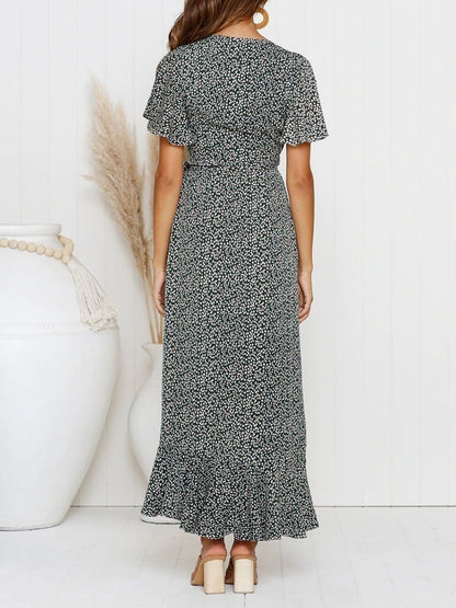 Floral Print V-neck Short-sleeved Lace-up Dress - LuckyFash™