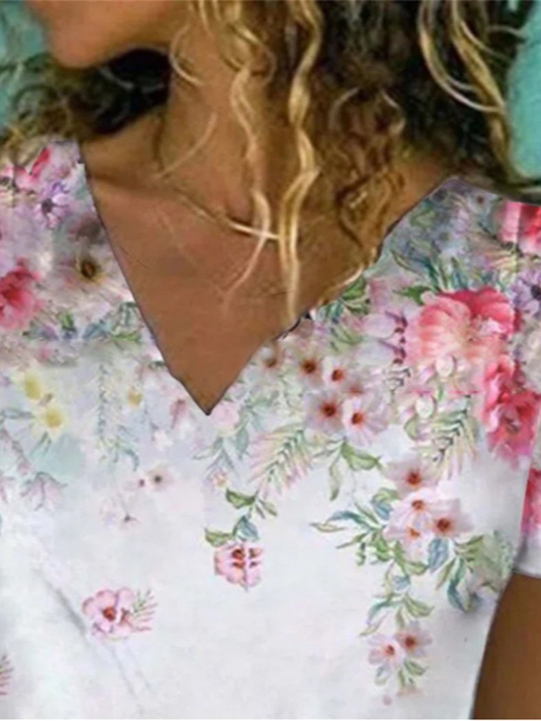 Floral Print V-neck Short-sleeved Top - LuckyFash™