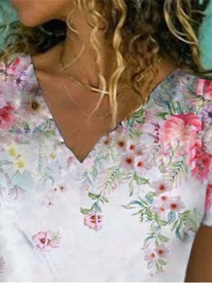 Floral Print V-neck Short-sleeved Top - LuckyFash™
