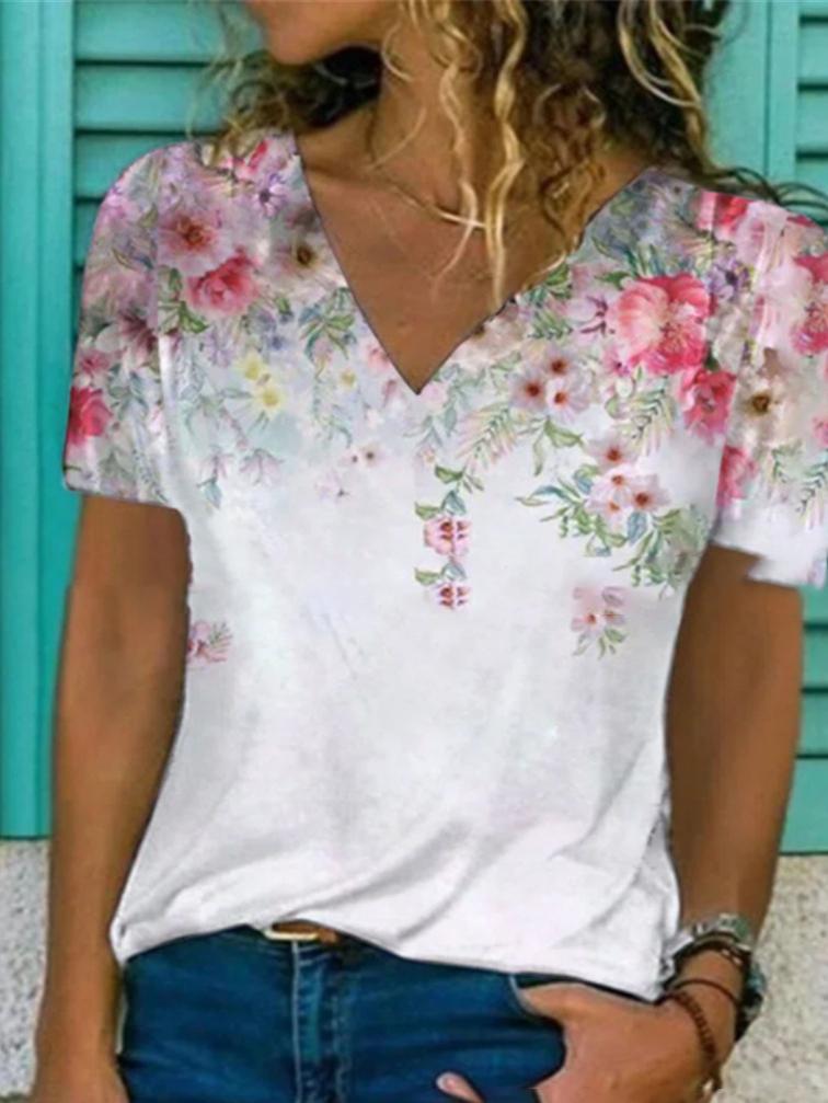 Floral Print V-neck Short-sleeved Top - LuckyFash™