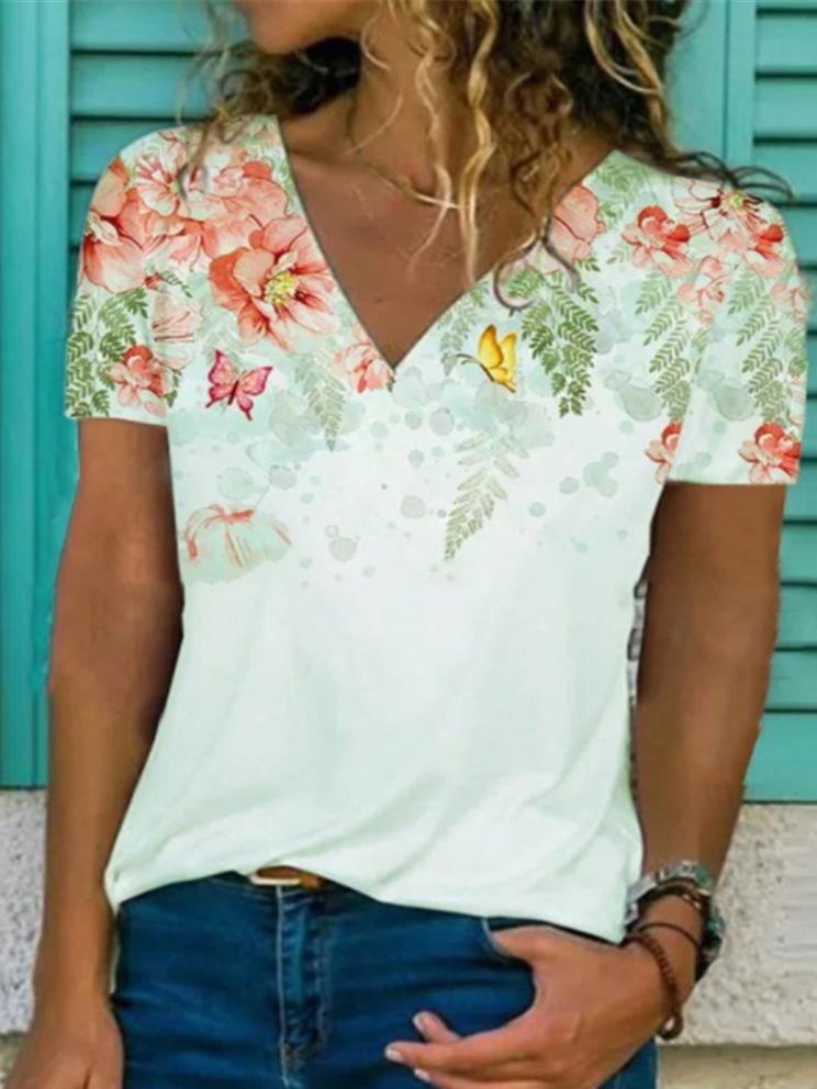 Floral Print V-neck Short-sleeved Top - LuckyFash™