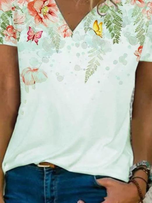 Floral Print V-neck Short-sleeved Top - LuckyFash™
