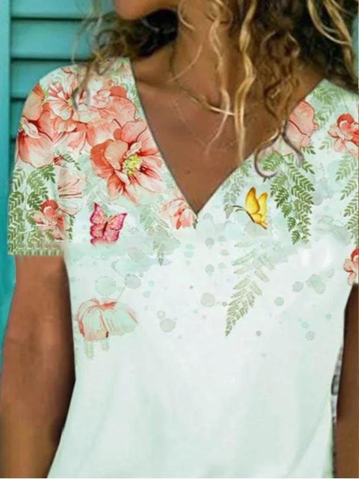 Floral Print V-neck Short-sleeved Top - LuckyFash™