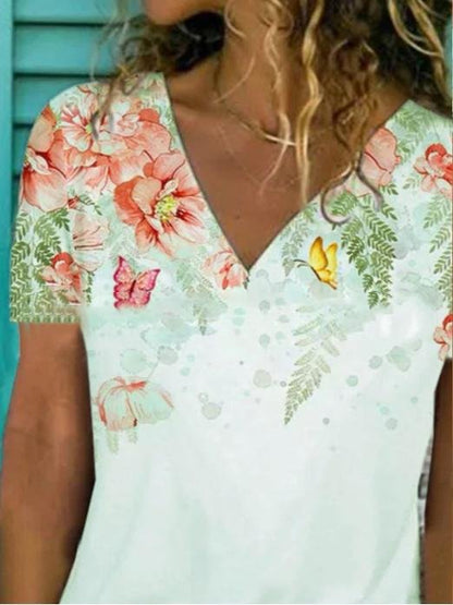 Floral Print V-neck Short-sleeved Top - LuckyFash™