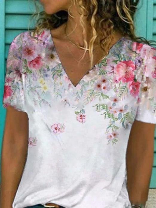 Floral Print V-neck Short-sleeved Top - LuckyFash™