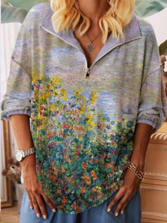 Floral Print Zip V-neck Top - LuckyFash™