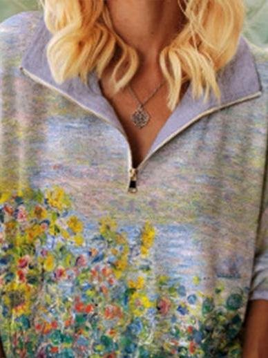 Floral Print Zip V-neck Top - LuckyFash™