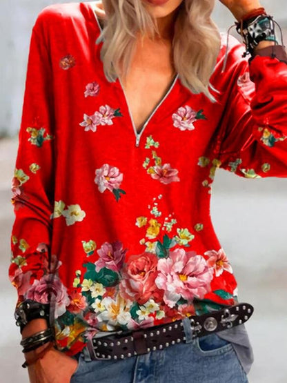 Floral Print Zipper V-neck Long Sleeve Blouse - LuckyFash™