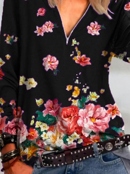 Floral Print Zipper V-neck Long Sleeve Blouse - LuckyFash™