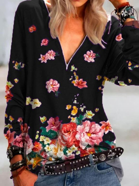 Floral Print Zipper V-neck Long Sleeve Blouse - LuckyFash™