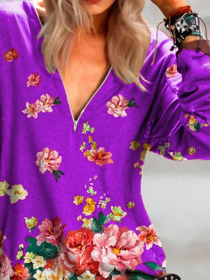 Floral Print Zipper V-neck Long Sleeve Blouse - LuckyFash™