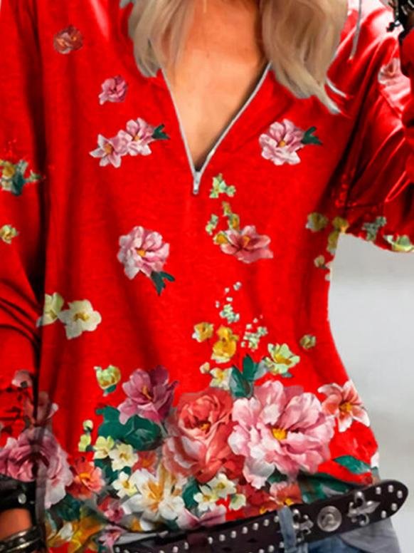 Floral Print Zipper V-neck Long Sleeve Blouse - LuckyFash™