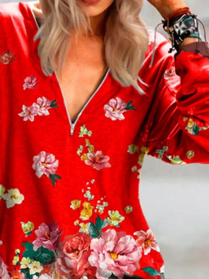 Floral Print Zipper V-neck Long Sleeve Blouse - LuckyFash™