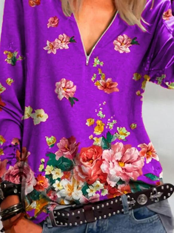 Floral Print Zipper V-neck Long Sleeve Blouse - LuckyFash™