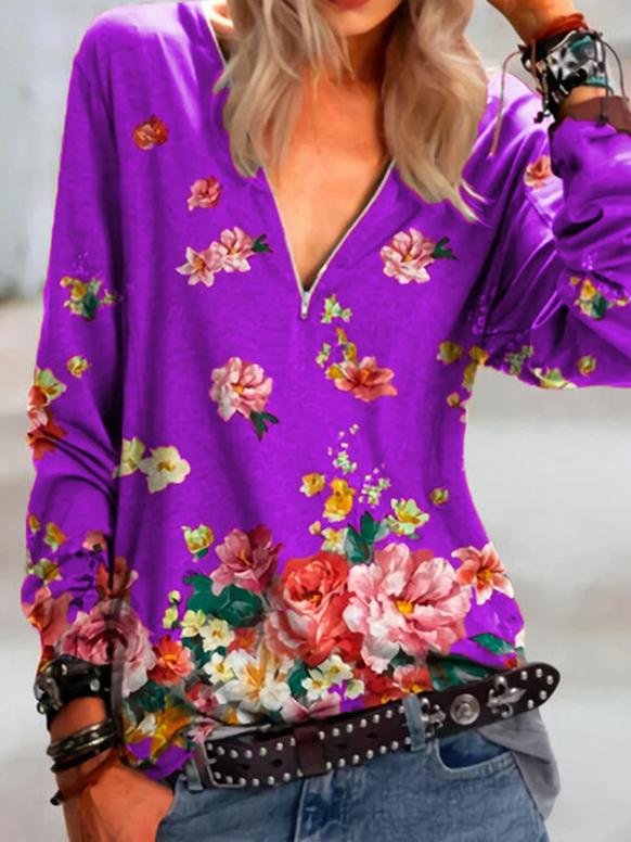 Floral Print Zipper V-neck Long Sleeve Blouse - LuckyFash™
