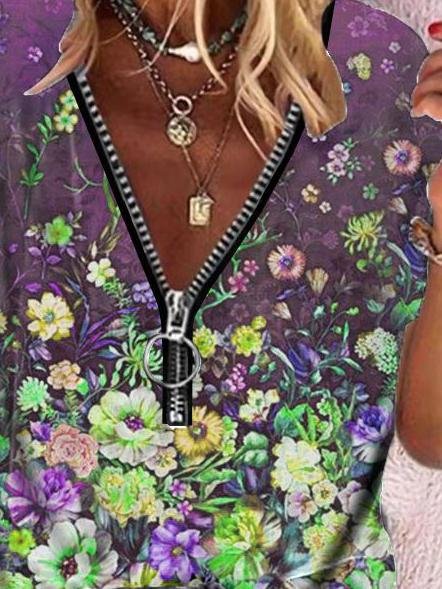 Floral Print Zipper V-neck Short Sleeve T-shirt - LuckyFash™