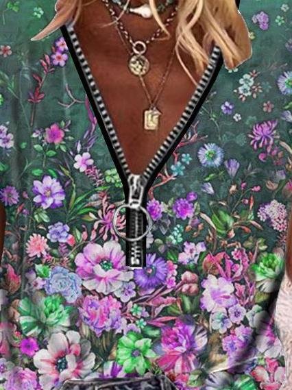 Floral Print Zipper V-neck Short Sleeve T-shirt - LuckyFash™