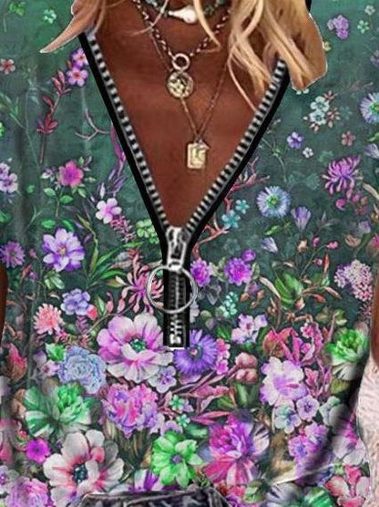 Floral Print Zipper V-neck Short Sleeve T-shirt - LuckyFash™
