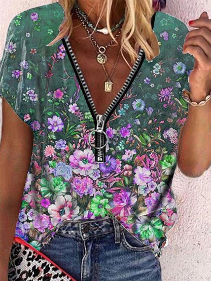 Floral Print Zipper V-neck Short Sleeve T-shirt - LuckyFash™