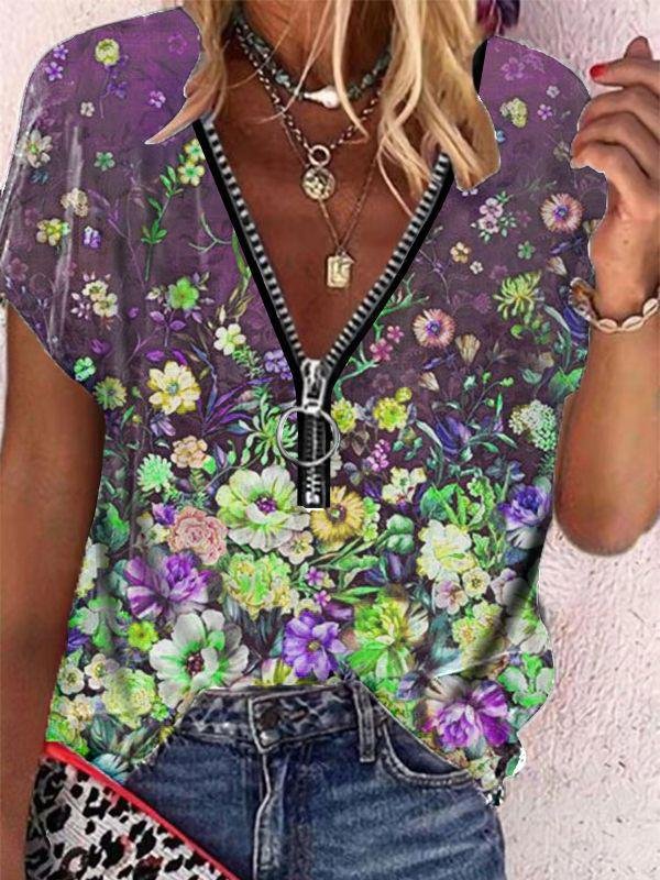 Floral Print Zipper V-neck Short Sleeve T-shirt - LuckyFash™