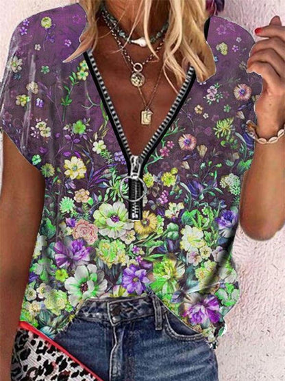 Floral Print Zipper V-neck Short Sleeve T-shirt - LuckyFash™