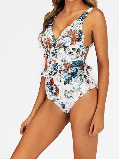 Floral Printed Backless Ruffle One-piece Swimsuit - LuckyFash™