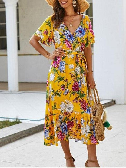 Floral Printed Belted Surplice Dress - LuckyFash™