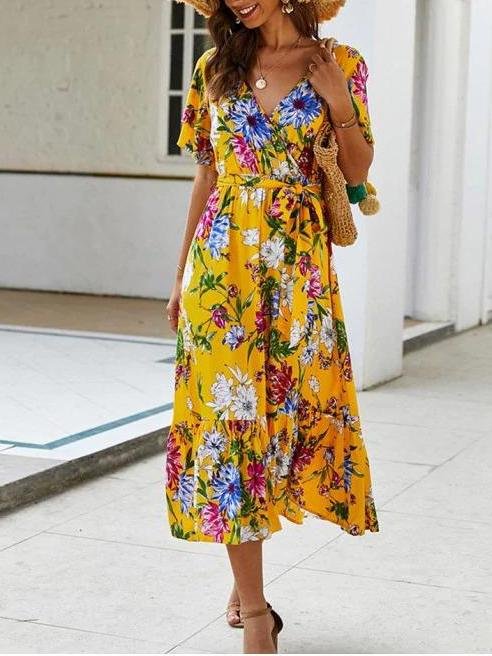 Floral Printed Belted Surplice Dress - LuckyFash™