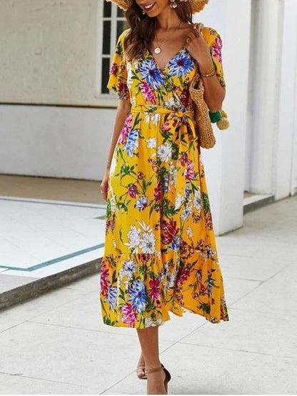 Floral Printed Belted Surplice Dress - LuckyFash™