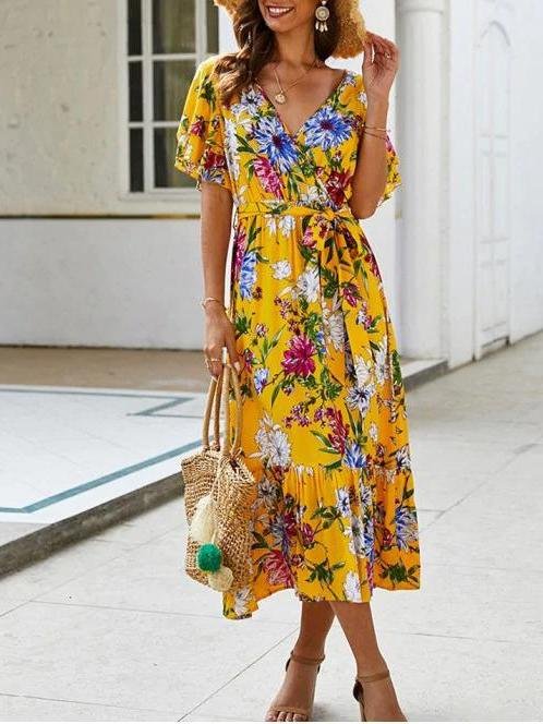 Floral Printed Belted Surplice Dress - LuckyFash™