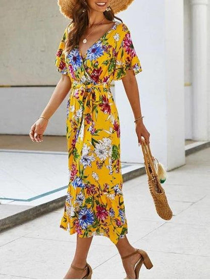 Floral Printed Belted Surplice Dress - LuckyFash™
